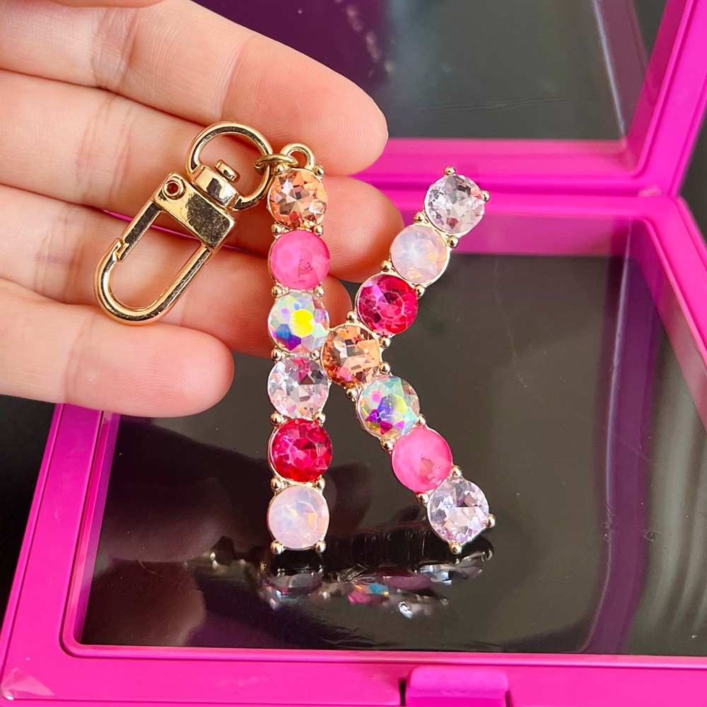 Rhinestone Letter K Keychain Bag Charm Pink Crystal Initial Pendant Gift